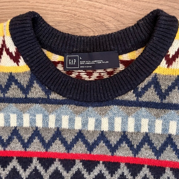 Gap Sweater Mens Large Lambswool Zig Zag Crew Neck Fair Isle Multicolor Knit - Picture 2 of 6